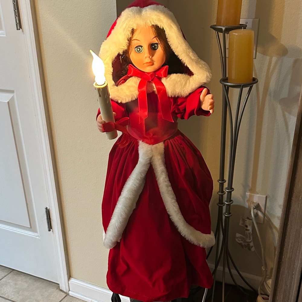 Vintage Rennoc 24” Christmas Caroler Red and White Holiday Doll with Candle.